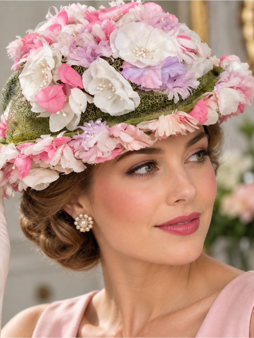New York Cecile Original Pink Floral Women's Hat with Pearl Accent 1950’s- 60’s